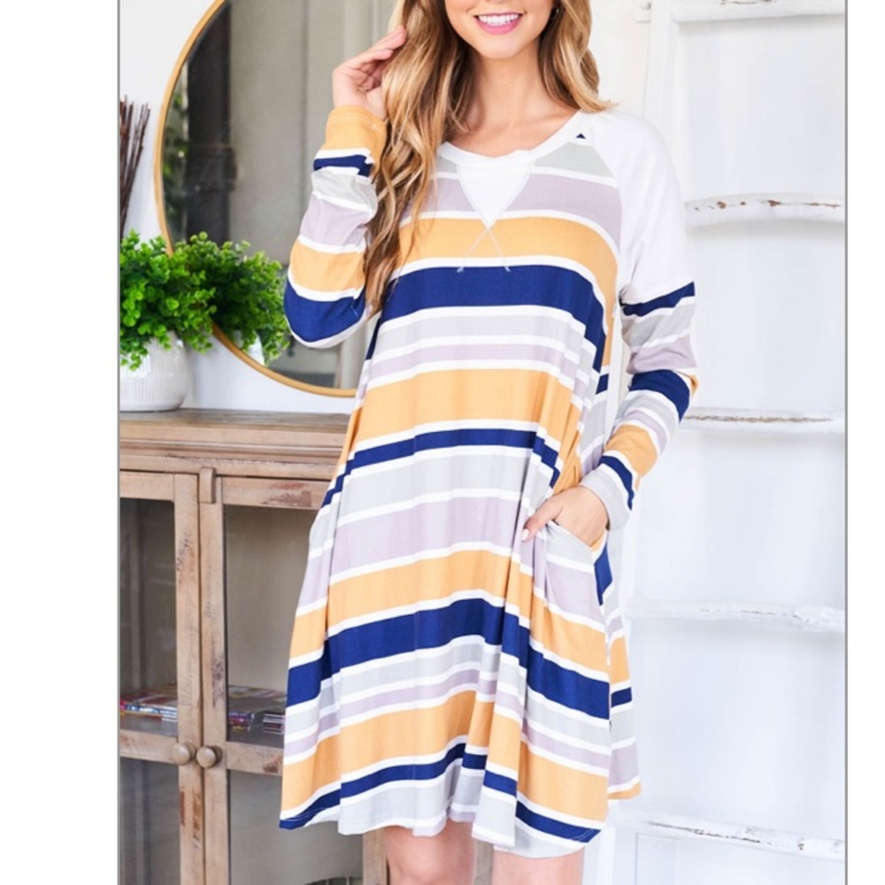 IVORY GOLD NAVY- Long raglan sleeve scoop neck multi-color stripes shift dress